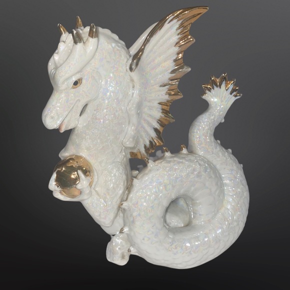 Vintage Intricate Carved Glossy White with Gold Trim Japanese Dragon Figurine - Picture 3 of 8